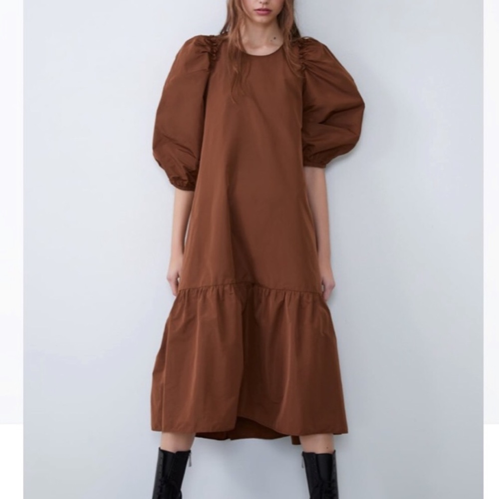 Zara voluminous taffeta dress in cognac rust NEW